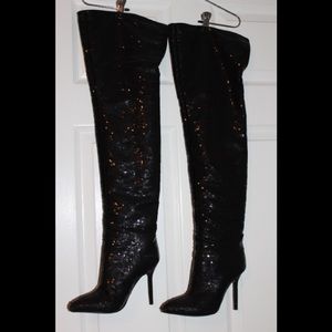 Sergio Rossi Thigh High Black Sequin Boots